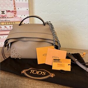 TOD'S Mini Wave Crossbody in Taupe Pebbled Leather with Chain Accent